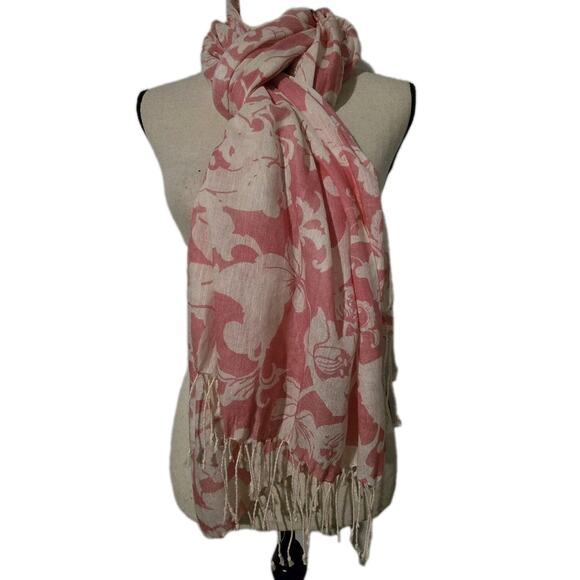 Etcetera Silk Linen Scarf Wrap Womans Pink & Ivory Floral 30" x 80" - Picture 1 of 6